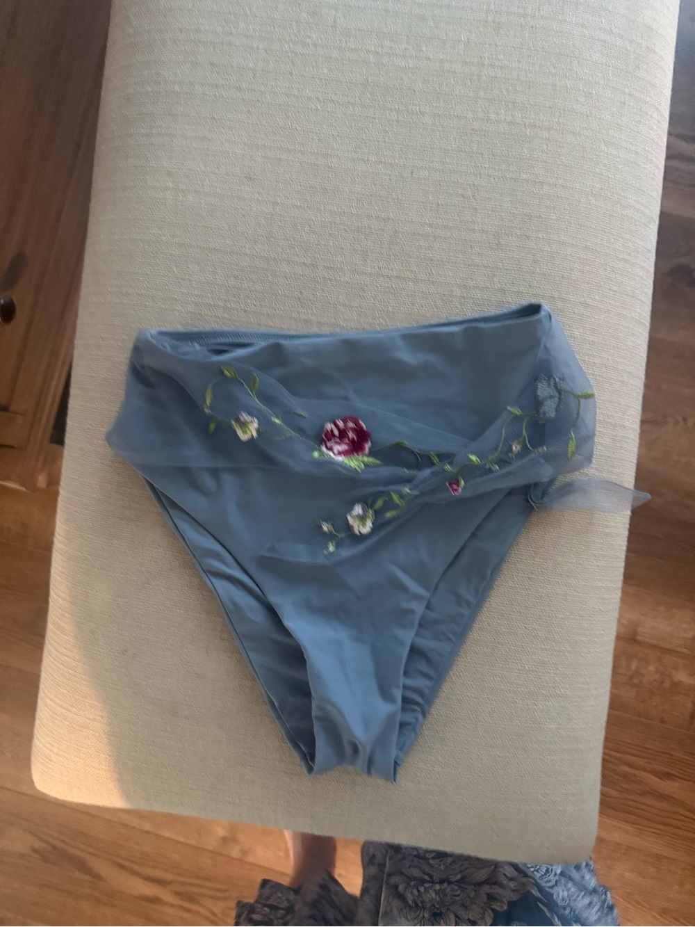 Anthropologie Blue High-Waist Bikini Bottom with Floral Embroidery